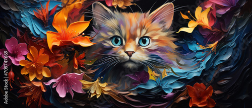 Artistic impasto style painting of cute cat. Colorful animal wall print.  