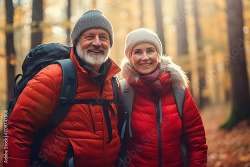 Hiking Together  Aged Couple Explores Fall Wilderness