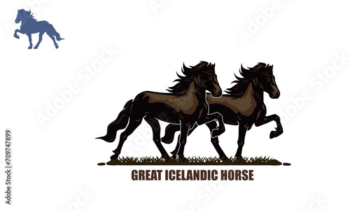 ICELANDIC BIG AND STRONG HORSE LOGO, silhouette of great black horse walking vector illustrations