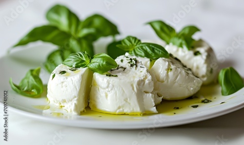 Mozzarella cheese topped with fresh basil and ground pepper with a single olive on the side.