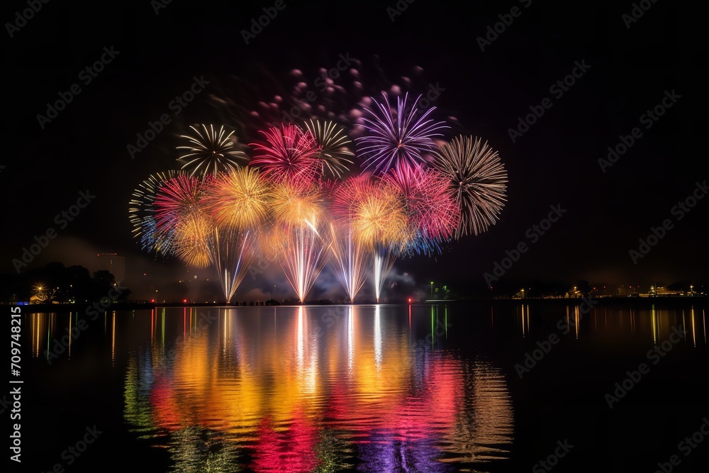 Fototapeta premium Lakefront Spectacle: Diwali Festival Celebration with Dazzling Fireworks Over the Water, 