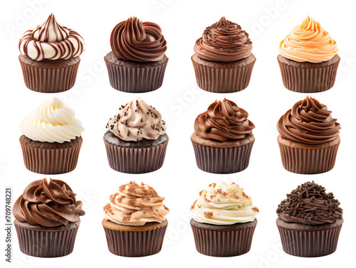 Collection of Chocolate Cupcakes, isolated on a transparent or white background