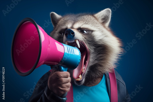 A spirited raccoon grabs a megaphone, amplifying its message with enthusiastic yells, an unexpected twist in the world of animal communication