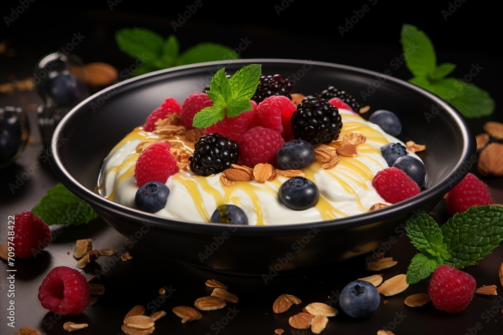 Delicious Greek Yogurt Bowl Drizzled with Honey and Sprinkled with Assorted Nuts and Fresh Berries Delicious Greek Yogurt Bowl Drizzled with Honey and Sprinkled with Assorted Nuts and Fresh Berries