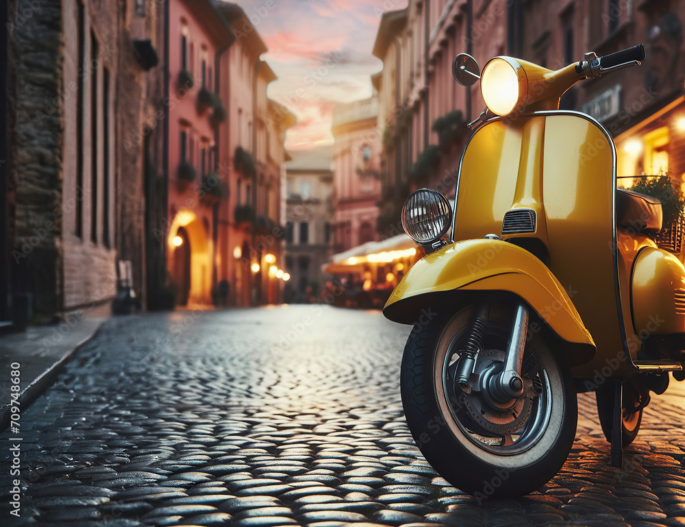 Yellow scooter parked on evening street, cobblestone street The image is fictitious and created using Fooocus v2 and Microsoft Designe neural networks