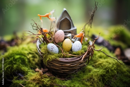 chocolate eggs in foil within small nestlike basket on moss photo