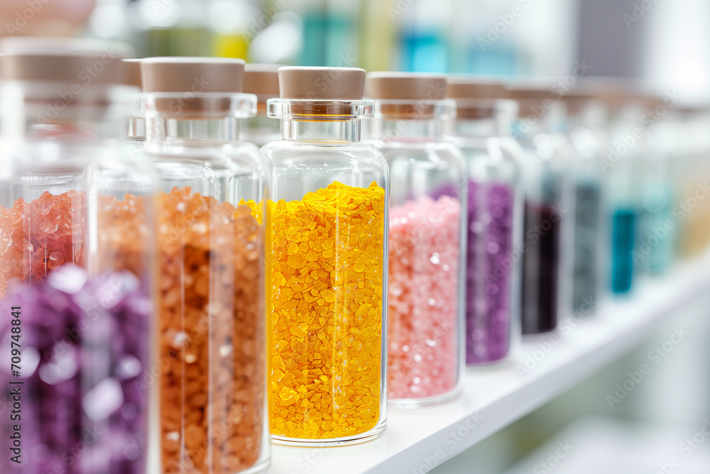 Beautiful small shiny glass jars with cosmetic product s, selective focus. Laboratory glassware and natural ingredients for organic cosmetic product. Production and packaging of cosmetics products. Be Beautiful small shiny glass jars with cosmetic product s, selective focus. Laboratory glassware and natural ingredients for organic cosmetic product. Production and packaging of cosmetics products. Be