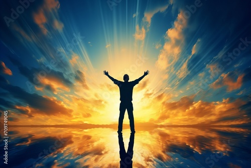 The silhouette of a person raising their hands in a victory or freedom gesture, reflecting a sense of triumph over challenges. Mental health concept