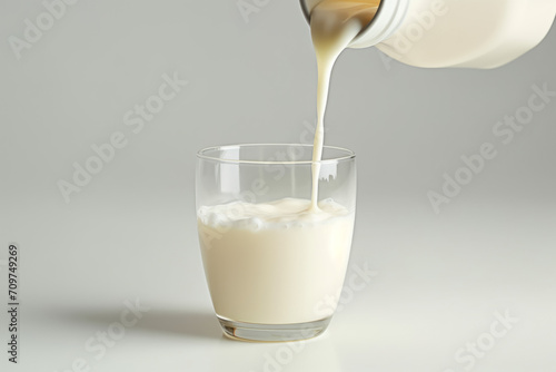 Milk being poured on neutral background.