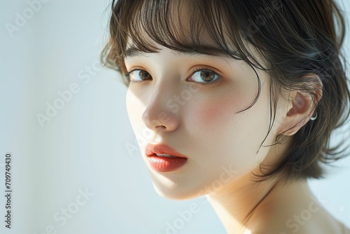 素肌の綺麗な日本人メイクモデルのポートレート（白背景・美肌・透明感）