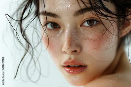 素肌の綺麗な日本人メイクモデルのポートレート（白背景・美肌・透明感） photo