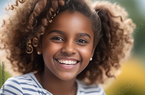 dark-skinned curly girl close-up smiling white teeth