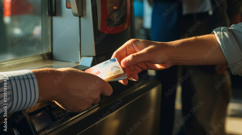 A close-up of a customer's hand hand handing a banknote to a clerk at a toll booth illustrates the transaction in light of the golden hour. Financial interactions and the use of cash - obrazy, fototapety, plakaty 