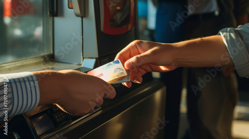 A close-up of a customer's hand hand handing a banknote to a clerk at a toll booth illustrates the transaction in light of the golden hour. Financial interactions and the use of cash photo