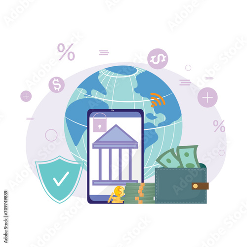 Digital data technology concept. Secure online banking with cellphone, bank building, wallet with money and coins.