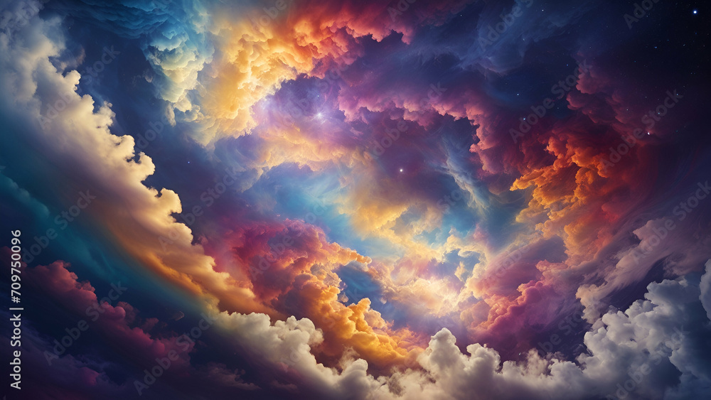 sky and clouds, A kaleidoscope of vibrant, swirling gases cascades from the heavens, painting the sky with a mesmerizing display of colors and patterns