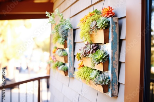 vertical wall planters with succulents on a sunny wall