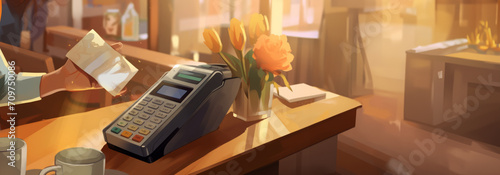 Illustration A cozy cafe scene with a card payment terminal in the foreground, a bouquet of orange tulips and a blurred human figure against a warm, sunlit background. Payment technology in retail  #709750086