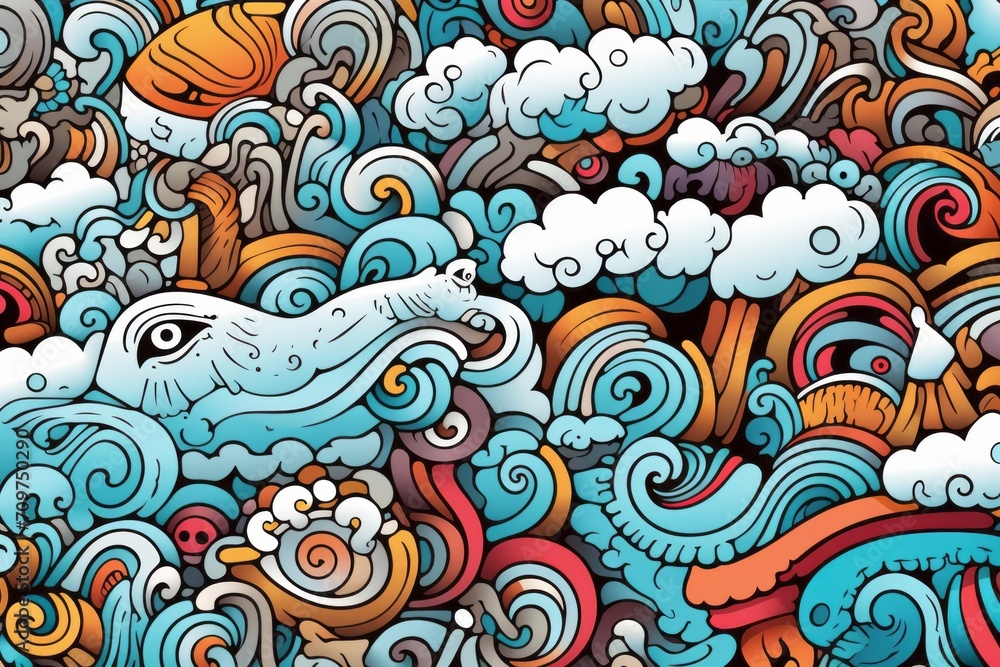 Cartoon cute doodles of abstract surreal elements, intricately designed to create a mesmerizing and detailed seamless pattern, Generative AI 