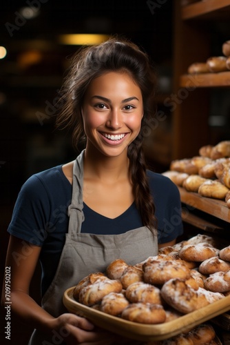 Female bakery owner showcasing her freshly baked goods, Generative AI