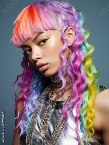 Fashion photo shoot of generation Z. girls with bright, colorful hair, makeup and jewelry. individuality and style.