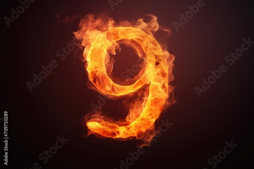 fire number 9 made of fire flames. number nine symbol. isolated on black. hot red and orange symbol photo