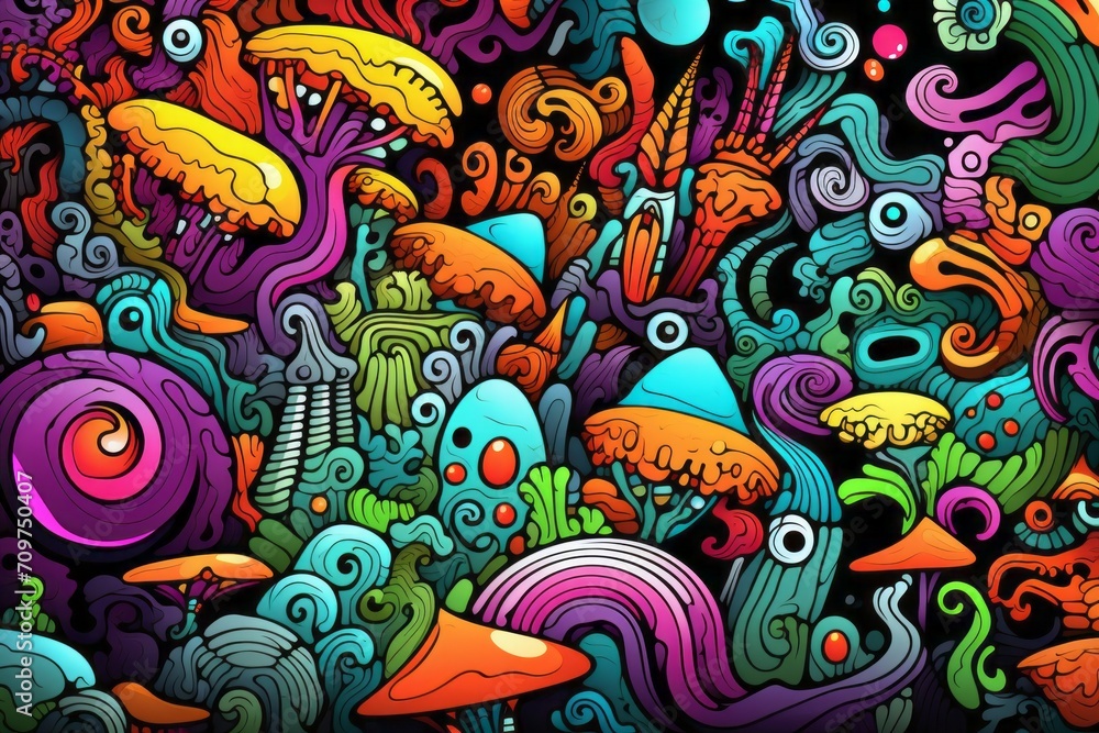 Cartoon cute doodles of abstract surreal elements, intricately designed to create a mesmerizing and detailed seamless pattern, Generative AI