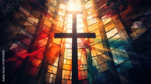 stained glass window with Christian cross, religious symbol. prayer in church. faith and hope. multi-colored sun rays. photo