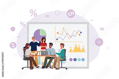 Business meeting of diverse business team at the desk, white board on the background