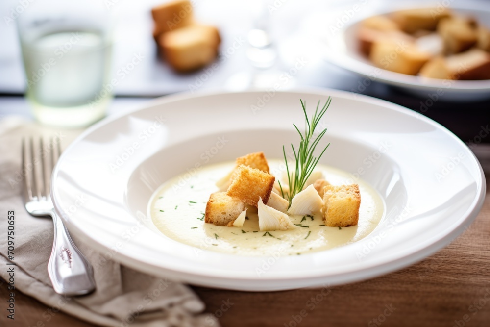 a bowl of creamy artichoke heart soup with croutons a bowl of creamy artichoke heart soup with croutons