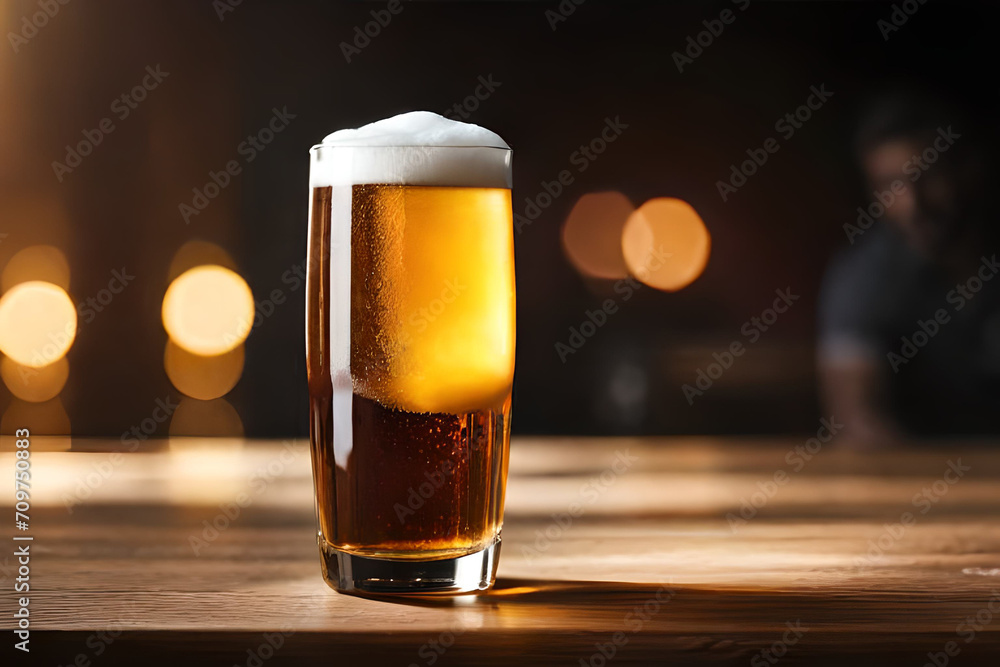 fresh pint of beer on a bar counter , bokeh background fresh pint of beer on a bar counter , bokeh background