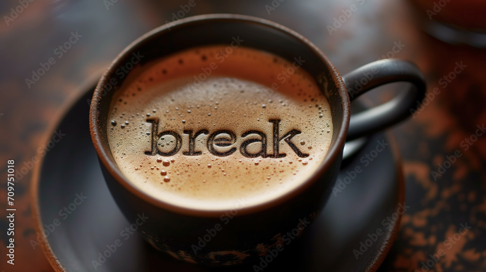 Coffee time delight. A cup with a frothy message reminds to pause and enjoy a coffee break