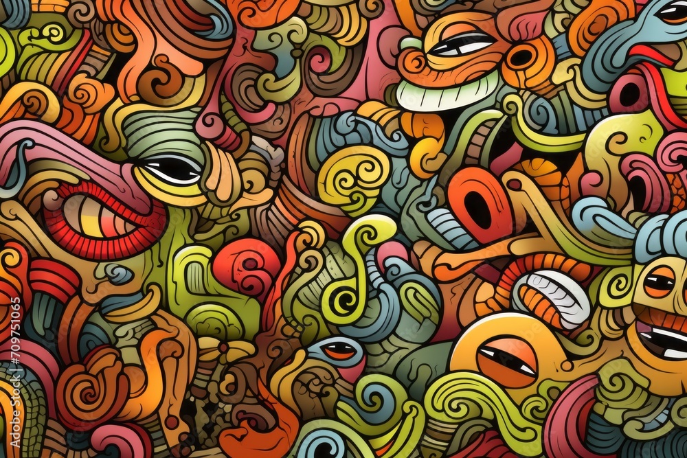Fototapeta premium Cartoon cute doodles of abstract surreal elements, intricately designed to form a mesmerizing and detailed seamless pattern, Generative AI 