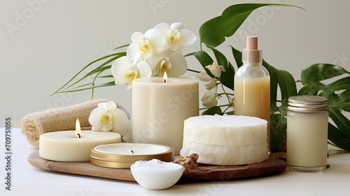 Natural beauty products skin care and body care products, Spa products are placed in luxury spa resort rooms.