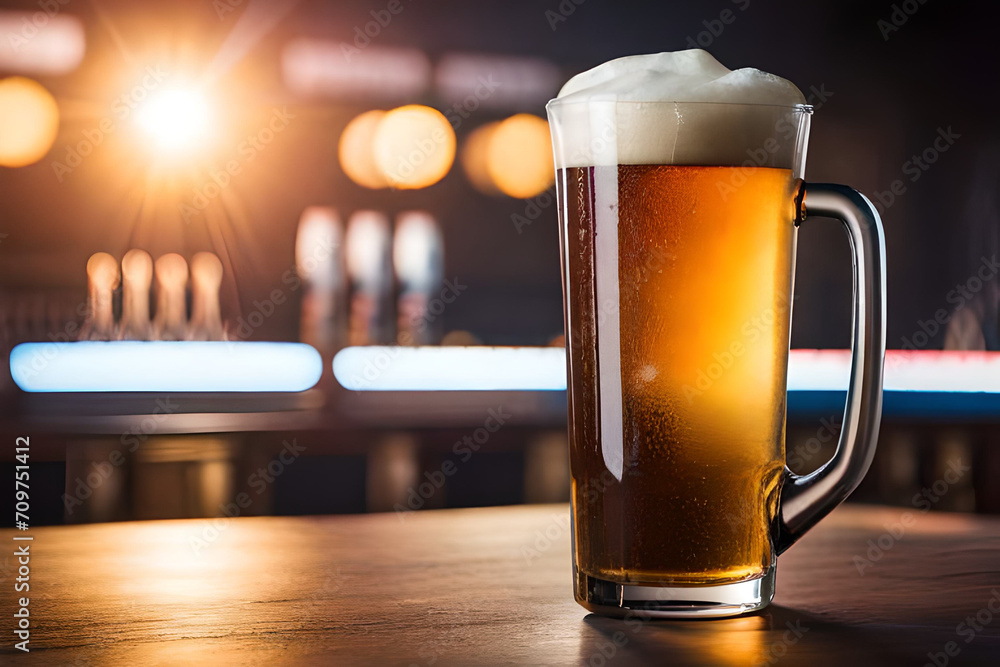 large pint of beer on a  wooden counter , bokeh background