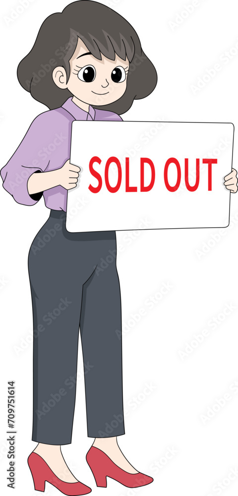 illustration of product has sold out, woman holding notice board illustration of product has sold out, woman holding notice board