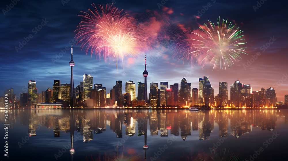  a vibrant display of fireworks over a Canadian city skyline, illuminating the night sky for a festive Canada Day 2024 card in high definition