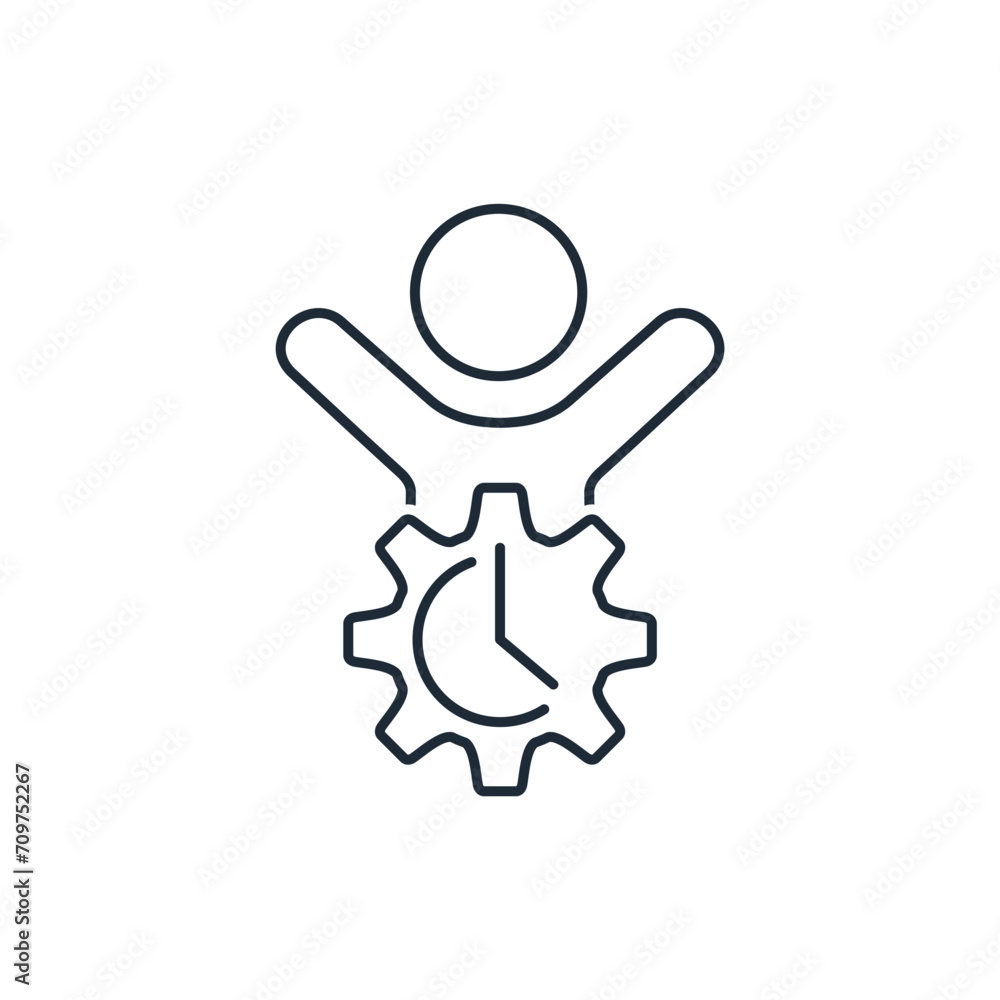 Man with a clock in a gear. Save, gain time. Improving, speed user service.  Vector linear icon isolated on white background.