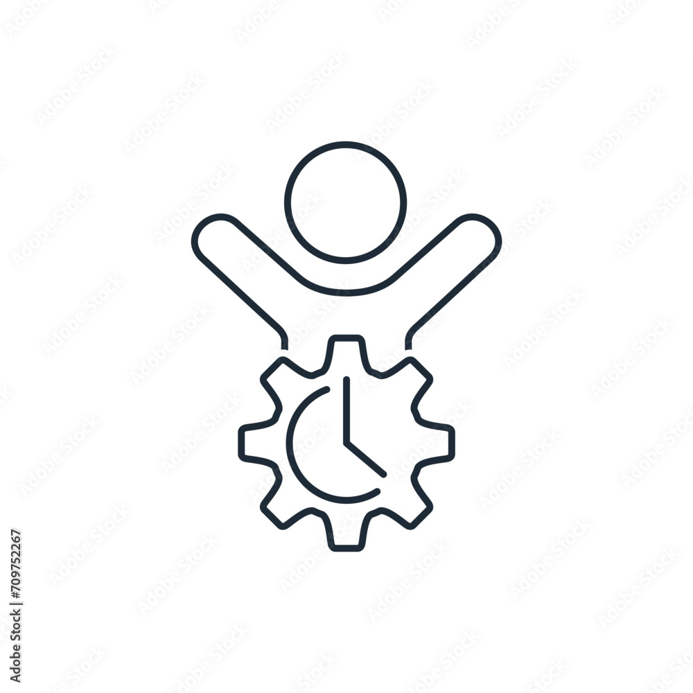 Man with a clock in a gear. Save, gain time. Improving, speed user service. Vector linear icon isolated on white background. Man with a clock in a gear. Save, gain time. Improving, speed user service. Vector linear icon isolated on white background.