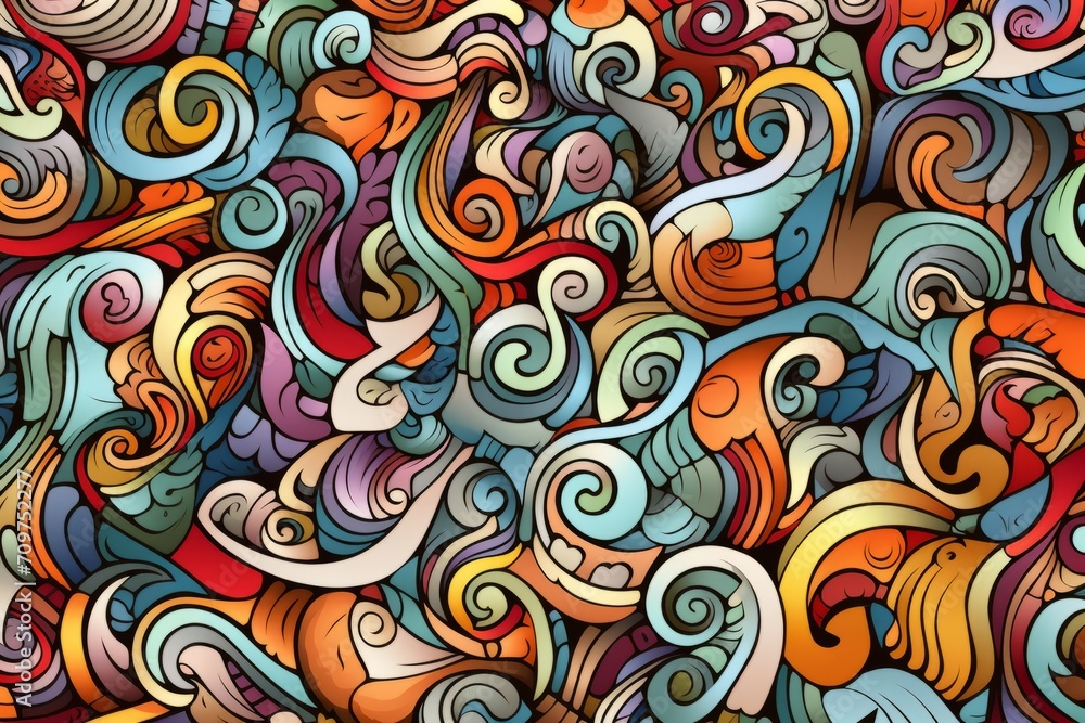 Naklejka premium Cartoon cute doodles of abstract surreal elements, intricately woven together to form an elaborate and detailed seamless pattern, Generative AI 