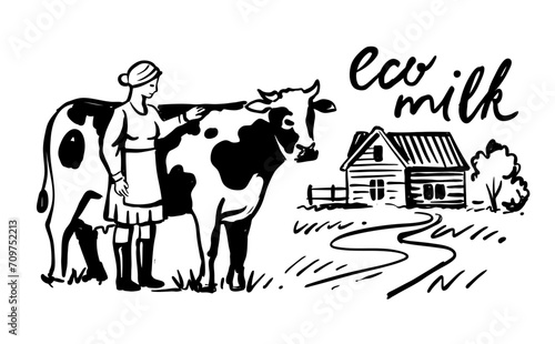 Cow and woman in village. Cattle concept sketch farmer