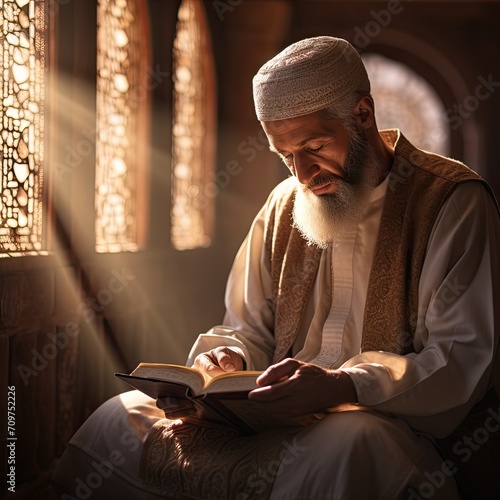 a muslim with a white cap and beard reading quran with the help of light of the sun 