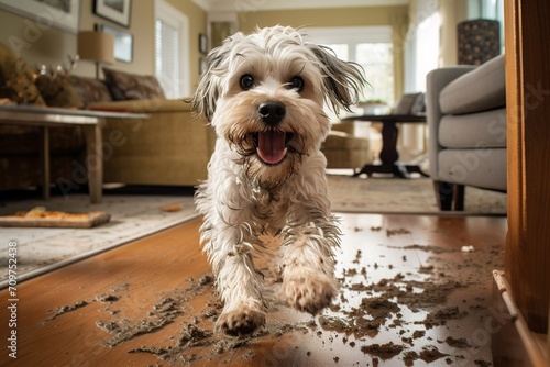 Funny, muddy dog leaves carpet and living room filthy.