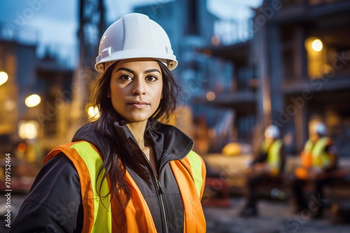 Resilient female engineer leading project at construction site. Construction worker in helmet in uniform and safety helmet works tirelessly on project
