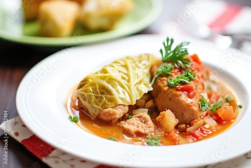 serving of cabbage rolls on a plate with a side of sour cream