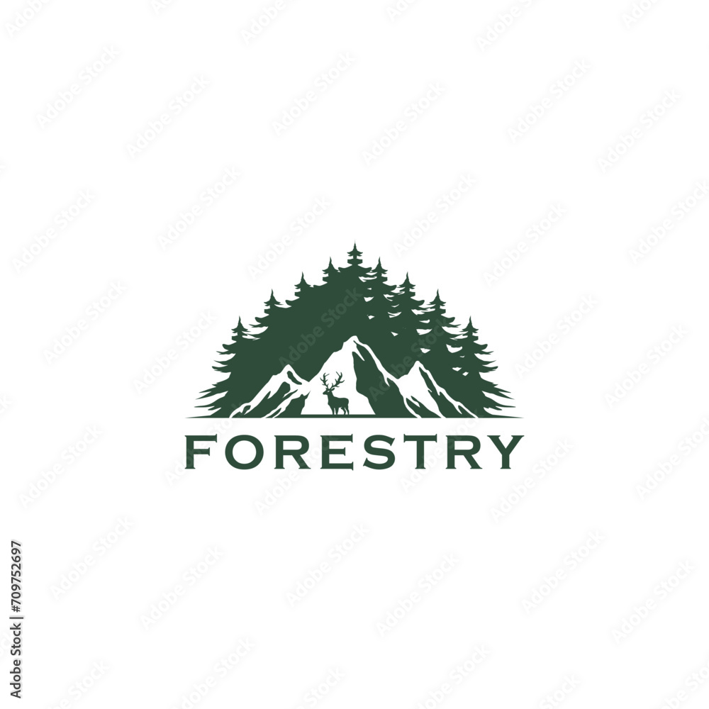 Hand drawn travel badge with pine trees and mountain illustration. Outdoor Camp Adventure Logo Design Vector.
