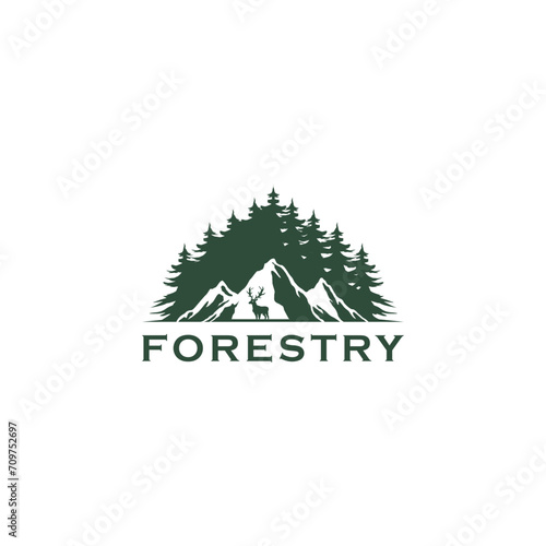 Hand drawn travel badge with pine trees and mountain illustration. Outdoor Camp Adventure Logo Design Vector.
