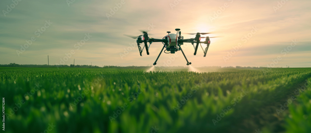 Smart farm drone flying spray Modern technologies in agriculture. industrial drone flies over green field and sprays useful pesticides to increase productivity destroys harmful insects.	
