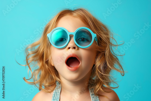 Beautiful girl wearing straw hat and sunglasses posing with open mouth, recives shocking. Shocked astonished surprised kid girl looking at camera with open mouth and big eyes photo