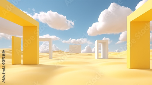 surreal desert landscape with white clouds in bright sky 3d render